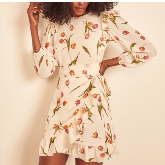 Reformation Dresses & Skirts - REFORMATION "Quest" Tulip Floral 3/4 SLV Ruffle Wrap Skirt Mini Dress SZ 10